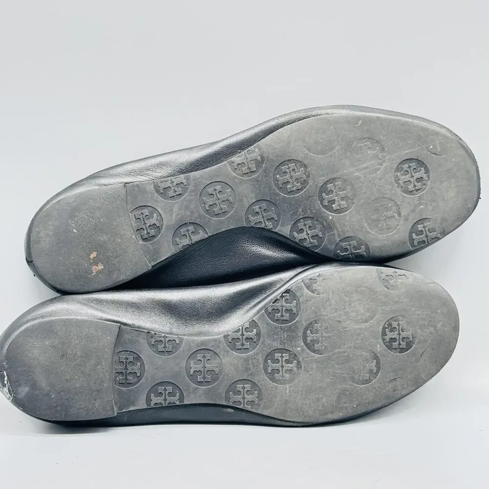 Tory Burch Shoes Women 7.5 Black Leather Ballet Flats Gold Medallion Logo Travel